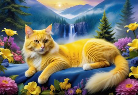 This enchanting image depicts a Huge rich bright lemon yellow color cat lying on a sapphire mountain, set amidst a mystical forest with flowers, gemstones and towering trees and soft, feathery mist. The scene is infused with an ethereal quality