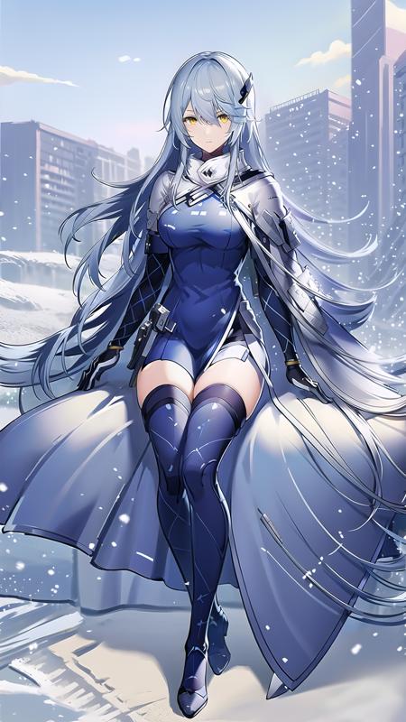 masterpiece, best quality,lyfesnowbreak,1girl, solo, long hair, yellow eyes, gloves, thighhighs, breasts, grey hair, bangs, hair ornament, cape, sitting on bed, white gloves, (dark blue dress:), dark  blue cloak, black thighhighs, expressionless, <lora:LyfeSnowV1:0.9>, full body,beach background, water, blue sky,