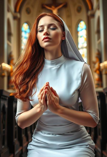 Photo of a  gorgeous nun praying in a church, kneeling, long flowing red hair, beautiful closed eyes, delicate features, long neck, habit, big breasts, curvy hips, tiny waist, slender, round ass, bright light, crucifix, altar, parted lips, hands together, praying pose