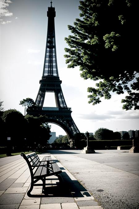 a bench sitting in front of a tall tower