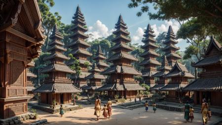 <lora:XSArchi_127:0.3> a photograph of fantasy javanese tribal cities, ((majapahit, villages, family:1.3)), (stone, ethnic engraving), neanderthal and homo sapiens war, archipelago, market, orangutan, majestic apartment, tree house, golden cities, wonderful cinematic, futuristic, scifi, magical, <lora:djzMarketplaceV21:0.2> marketplace style, crowd, people, standing, building, pottery, garden, ((perfect quality)), <lora:add_detail:1>