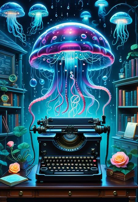 embedding:lazypos, animal, feral animal, surrealist animal, no human, sfw, 
The Neon Jellyrose
Character: A jellyfish with translucent rose-petal tentacles, pulsing with bioluminescent veins.
Activity: Floating above a typewriter, its tendrils typing ghostly letters.
Background: A dim detective’s office where rain outside hangs in midair, each droplet holding a whispered secret.
Tragic Origin: It was a poet who drowned in ink, only to resurface as this spectral scribe.
Glowing Transformation: The words it writes glow briefly before dissolving into smoke.