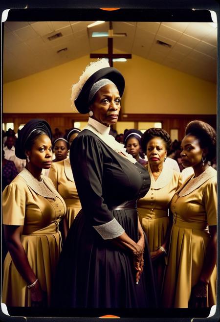 ()Hyoer Realistic:2.0)Polaroid picture of 
a hyper realistic Movie Still of (80 years old ((busty:1.3)) (((african american))) women) 
  a Mississippi Baptist church parking lot  where a group of stunning, elderly black women, resplendent in their finest Sunday attire, gather around a circle of new recruits. The women's faces exude warmth, wisdom, and a hint of mystique, as they gaze intensely at the newcomers.
With gentle, soothing voices, they begin to speak in unison, their words weaving a hypnotic spell that draws the recruits in.
The recruits' faces slacken, their eyes glazing over as they succumb to the sisters' mesmerizing power. The women's message is clear: join their sisterhood, and you shall be empowered to raise your family without the need for a man. Capture the surreal, captivating atmosphere of this scene, where the boundaries between faith, sisterhood, and mind control blur.