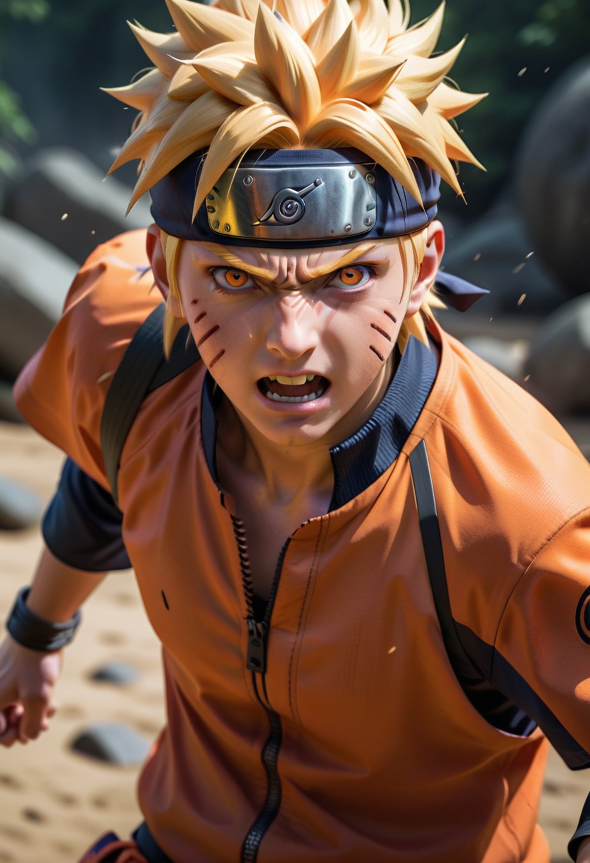 naruto having his final battle, closeup shot, he is angry, realistic photo, 8k, perfection,  simi realiality. orange shirt