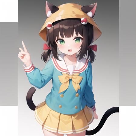 (masterpiece, best quality:1.2),illustration,8k,hd,1girl,solo,upper body,(portrait:1.2),animal_ears,cat_ears,short_hair,twintails,brown_hair,ribbon,tail,short_twintails,cat_tail,green_eyes,hat,bow,animal_ear_fluff,tail_ornament,school_hat,cat_girl,tail_ribbon,hair_between_eyes,aqua_shirt,ears_through_headwear,kindergarten_uniform,long_sleeves,pleated_skirt,shirt,skirt,yellow_headwear,yellow_skirt,bangs,red_ribbon,hair_ribbon,tail_bell,tail_bow,purple_eyes,bowtie,red_bow,yellow_bow,white_sailor_collar,low_twintails,<lora:Mutsuki(azur)>,