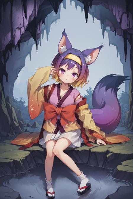 <lora:izuna v2:1> hatsuse izuna, short hair, wide sleeves, sarashi, yellow hairband, tabi, short kimono, gradient hair, fox tail, 1girl head tilt,arm rest, cavern, rocks, stalactites, dark, moist, enchanting, eerie