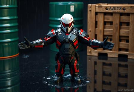 A highly detailed Cyber Soldier figurine, clad in black and red armor with a sharp white helmet and luminous red visor, stands centered, arms dramatically outstretched. Positioned on a reflective acid rain surface, framed by a green barrel and brown crate, creating a dynamic still life composition. Facing viewer. Rendered in octane render, unreal engine 5. Cinematic lighting, impeccable composition, golden ratio, 4k, hyperdetailed, trending on artstation and cgsociety.