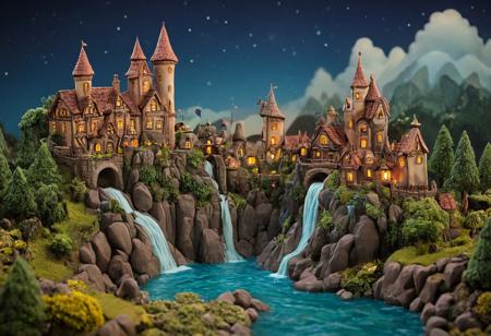 (novuschroma51 styleA breathtaking magical world where everything is sculpted from smooth,) colorful clay. Rolling hills, towering castles, and enchanted forests are crafted with soft, rounded details, giving a handcrafted and playful charm. Tiny clay villages with whimsical houses, glowing lanterns, and cobblestone streets stretch across the landscape. In the center, a majestic clay waterfall flows like liquid magic, glowing faintly with an ethereal shimmer. The sky is painted in soft pastel hues, with floating clay islands drifting gently above. Throughout the scene, charming clay figurine characters—knights, wizards, fairies, and mythical creatures—move as if alive, their expressions full of warmth and wonder. The lighting is soft and enchanting, casting gentle shadows that enhance the handcrafted textures. The entire world feels like a living fairytale, bursting with imagination and magic.