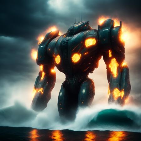 photo Massive Scale Pacific Rim Robot in the Ocean emitting flames, energy (OceanicRim style:1) <lora:djzOceanicRim:0.8)