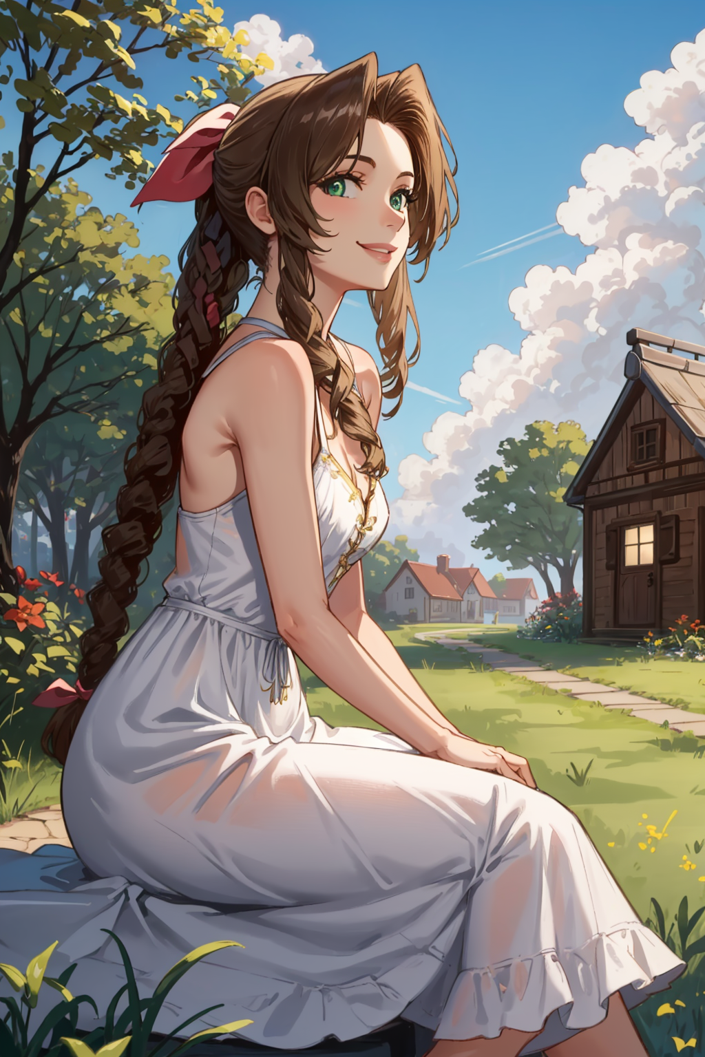 masterpiece, best quality, aerith gainsborough, hair bow, white sundress, sitting, side view, looking at viewer, smile, ga...