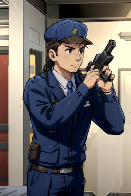 pkmnofficer,1boy,brown hair,braid,,(holding gun,submachine gun:1.2),expressionless,((indoors,in metal corridor)),hat,blue cap, <lora:PKMNOfficer-44:0.7>