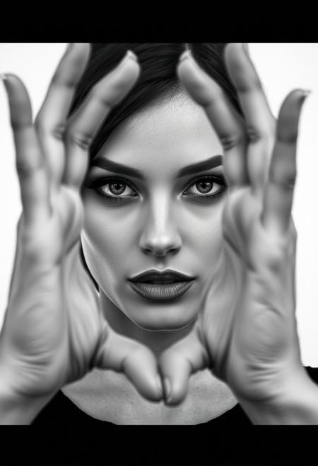 Foreground: a woman's hands framing her face, rendered with visible lines. Middle ground: her face, with an intense, direct gaze and subtly colored lips. Background: a stark, untextured white space. The woman's face and gaze are the central focus, captured in a high-fashion, black and white photographic style with sharp focus and strong contrast.