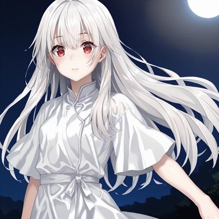 Yonagi,1girl,white hair,long hair,red eyes, black scrunchie, medium breasts, blue_jacket,white shirt, mini skirt, black_thighhighs,boots, white blouse,short_sleeves, black_skirt, Yonagi,1girl,white hair,straight hair,red eyes, medium breasts, white dress,