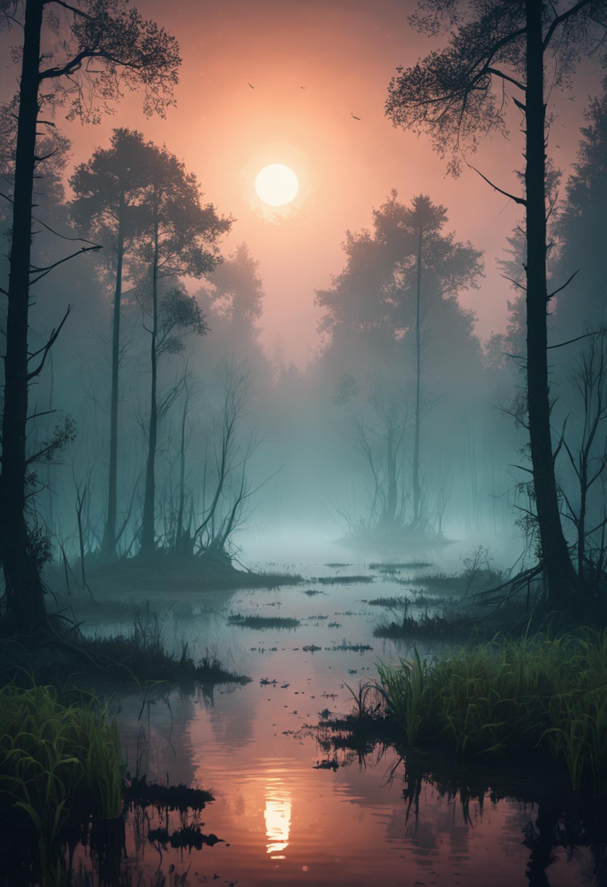 A serene forest scene with a sunset in the background.