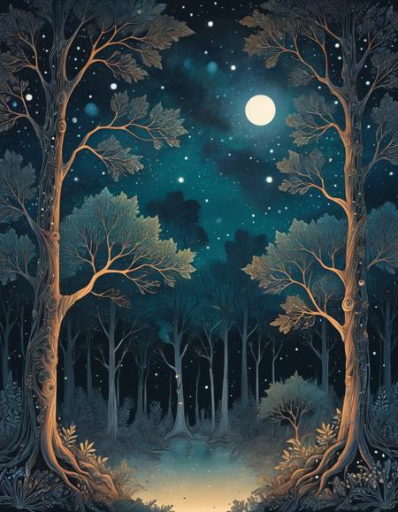(In the tranquil depths of a Starlit forest, ancient trees stand sentinel beneath a canopy of twinkling stars, their branches swaying gently in the night breeze.:0.5) ([Zentangle|Line art drawing]:1.3)