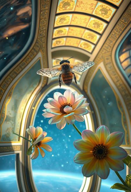 Inside a floating greenhouse aboard a generational starship, a single bee hovers above an iridescent bloom engineered for zero-gravity pollination. The greenhouse walls curve outward in perfect symmetry, adorned with mural-like patterns that blend ornamental gold with soft aquamarine gradients. The bee’s anatomy is stylized yet natural—its wings designed like fine crystal fans, its body softly glowing with inner light. Below it, flowers spiral gently in air currents, their petals wide and symmetrical like Art Deco mandalas. Outside the window, distant stars form a backdrop of cosmic stillness. The bee is not just a pollinator but a symbol of continuity, bridging organic life with the future of human expansion—a creature enshrined in ritualistic grace, fluttering through an artificial paradise.