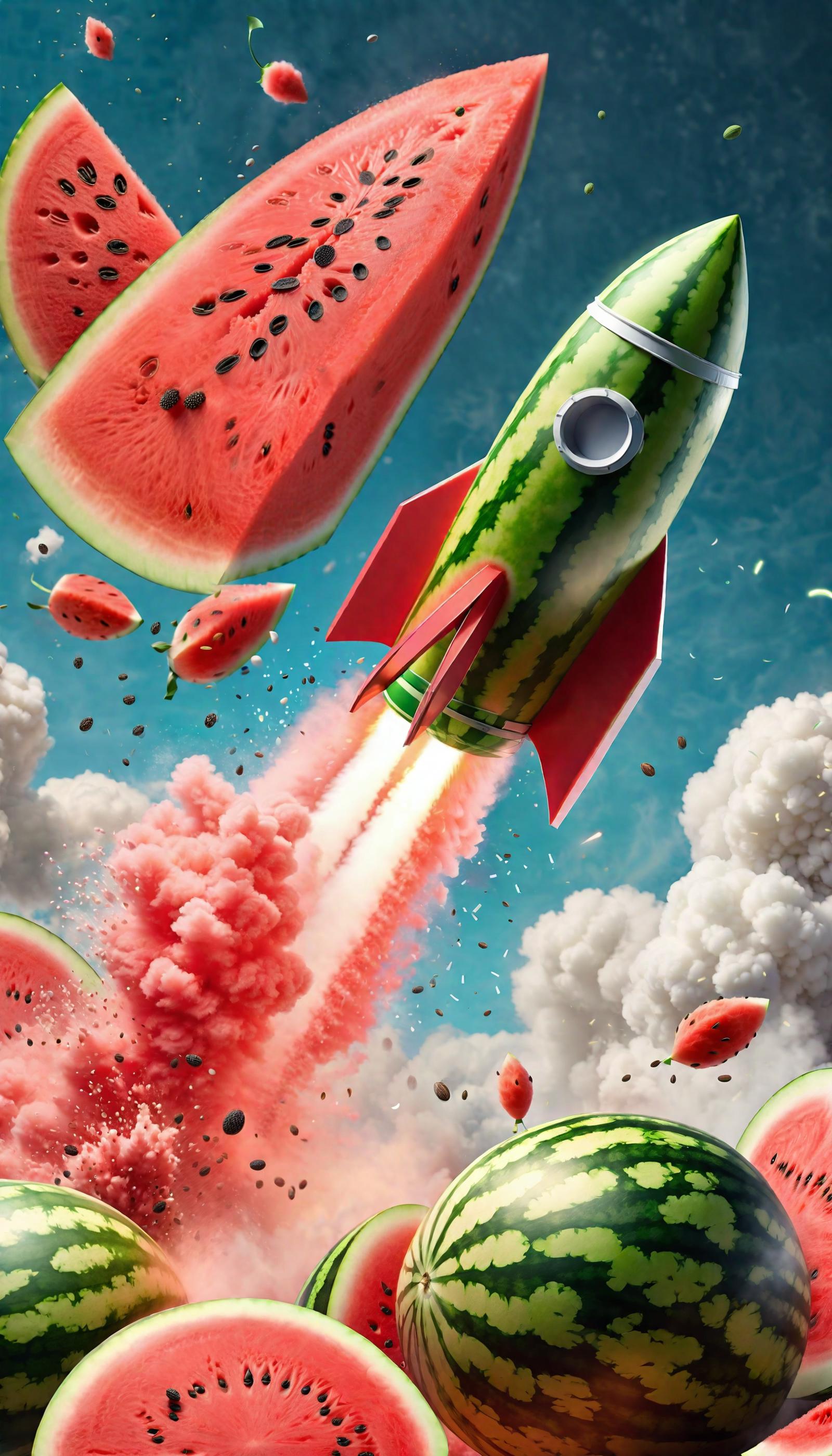 Rocket Ship Launching into Space with Watermelon Clouds and Exploding Fruit

In this image, a rocket ship is launching into space, surrounded by clouds made of watermelon and other fruit. The scene is set against a blue sky, creating a vibrant and colorful atmosphere. The rocket itself is red and white, adding a striking contrast to the fruit clouds.

In addition to the watermelon clouds, there are also other fruit elements in the image, such as bananas and oranges. These fruits are