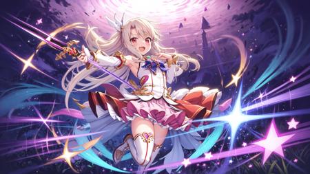 a anime character with a sword and a pink outfit on her chest and a purple background with stars and a blue star on her left arm and a purple background with a blue and white star with a white and pink and white border with a blue and white border with a white and white and white,1girl,illyasviel von einzbern,long hair,thighhighs,solo,hair ornament,prisma illya,holding,red eyes,thigh boots,star \(symbol\),detached sleeves,feathers,boots,looking at viewer,pleated skirt,1girl,illyasviel von einzbern,solo,long hair,magical girl,thighhighs,hair ornament,red eyes,open mouth,prisma illya,detached sleeves,star (symbol),looking at viewer,thigh boots,holding,white hair,magical ruby,wand,skirt,boots,dress,hair between eyes,