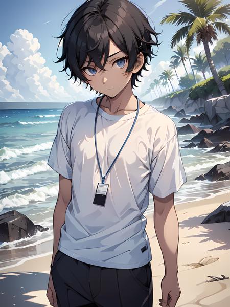 1boy, male, solo, age13, black hair, black eyes, detailed eyes, wearing white t-shirt untucked (short sleeves), wearing blue lanyard, wearing black slux pants, beach, anime, high quality
