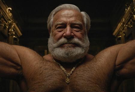 (photo, realistic, raw), (nighttime, at night, dark, dark hard shadows, cinematic atmosphere, movie grain, hazey atmosphere), closeup from below, (wise, gentleman, etherial, spiritual, emperor, king, god), old burly buff hairy gentleman, old hairyu manly mature man, combed back hair,  doublechin, old tanned grandpa, wrinkly neck, proud big hairy chest, thick neck, hairy armpits, tanned skin, tight golden spandex, gold jewellery, gold necklace, in a dark locker room at night, nighttime, face very close to viewer, looking directly at viewer loving caring smile, intimite situation, romantic atmosphere, intimate lustful romantic expression, sad expression, belly and pecs from below