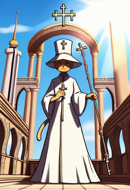 masterpiece, best quality, amazing quality, intricate details, bozodanxl, cat pope, robes, hat  scepter, cross, rosary, balcony, palace, day, sunlight, blue sky,