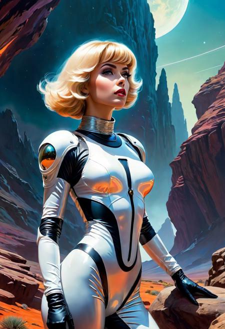 Barbarella. photorealistic retro futuristic Sci-fi Illustration, A female astronaut exploring an alien landscape, wearing a transparent translucent plastic latex space suit low cut, bare midriff, on a rocky extraterrestrial planet, under dramatic lighting, side angle, retrofuturism, vibrant colors, fluid and expressive strokes, surreal perspective, unusual architecture, retro scifi alien landscape background, bright, retouched, 16k resolution concept art : fantasy magazine cover art, detailed,
