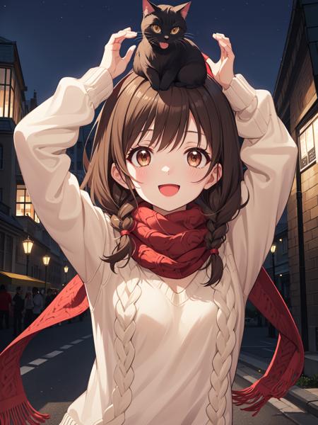 amazing intricate, cute girl, dark brown eyes, happy, :d, small breasts, 
dark brown hair, twin braids, beige sweater, aran sweater, red muffler, red scarf, 
from front, (upper body:1.2), standing, cat on head, arms up, (face up, looking up:1.5), 
avenue, night