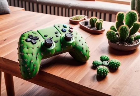 Video game controller with cactus buttons, in a table in a livingroom