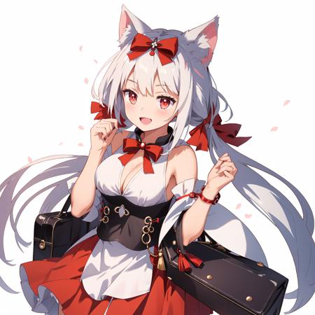 1girl,  solo,  long hair,  looking at viewer,  blush,  smile,  open mouth,  skirt,  simple background,  red eyes,  white background,  bow,  ribbon,  cleavage,  hair between eyes,  bare shoulders,  twintails,  medium breasts,  very long hair,  hair ribbon,  white hair,  :d,  hair bow,  detached sleeves,  fang,  hand up,  wide sleeves,  bag,  red bow,  animal ear fluff,  red skirt,  low twintails,  cleavage cutout,  finger to mouth,  cat ears, <lora:EMS-34881-EMS:0.700000>