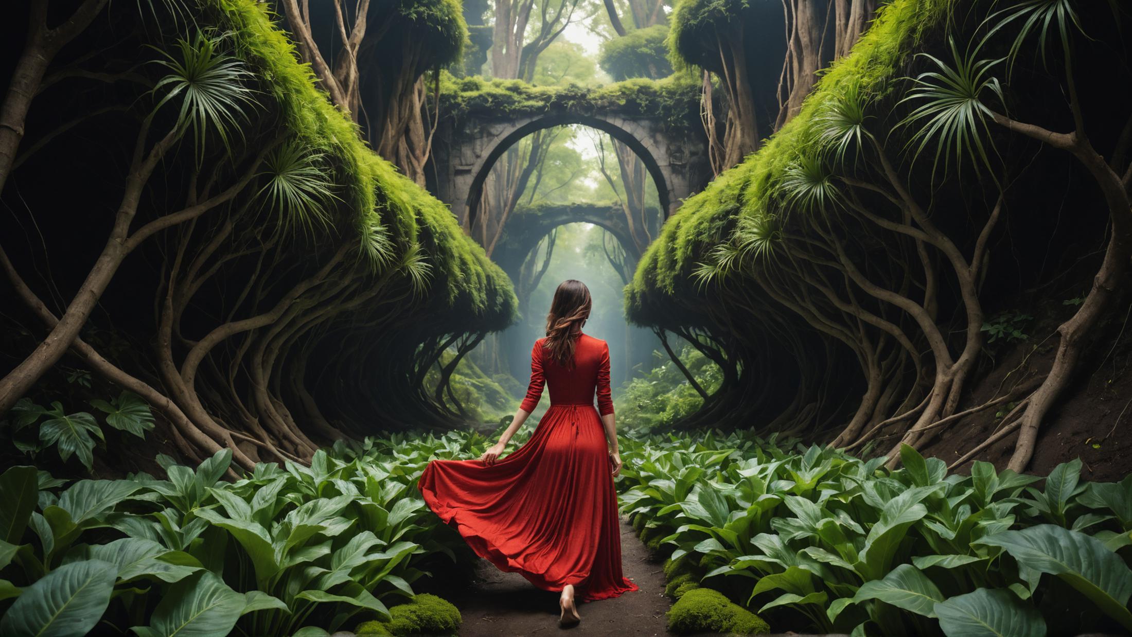 A woman in a red dress walking through a lush green forest.