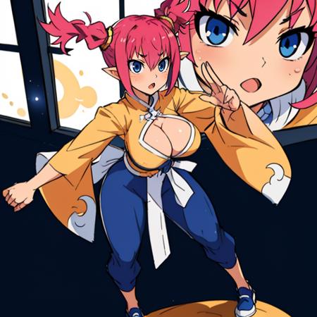 FightMistress,twintails,blue eyes,pink hair,short hair ,pointy ears, standing, focusing,  solo,
MistGear,cleavage cutout,chinese clothes,long sleeves , blue shoes, wide sleeves , blue pants, white sash,  blue ribbon behind waist,
outer space,  martial arts dojo, window,  goofy training dummies,  milkyway,
(insanely detailed, beautiful detailed face,  masterpiece, beautiful detailed  eyes, best quality)  
 <lora:FightMistress:0.8>