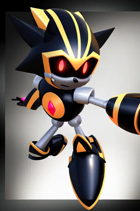 Shard, black robot, yellow stripes, black sclera, red pupils, black shoes, metal limbs, grin, red gem in chest