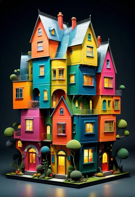 Colorful shiny high-tech, fabulously fantastic, magical, masterpiece houses in the style of Su Blackwell, made of resin and plywood, bright colors, super-detailed, dense strokes, 3D, diffused light, high detail Nicola Samori