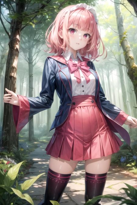 masterpiece, best quality, illustration, 1girl, solo, looking at viewer, , , <lora:kotoko_sumiso:0.66>, kotoko_sumiso, pink hair, red eyes, dwarf costume, The Forest of Mirrors: A place where reality is distorted and nothing is as it seems, HDR