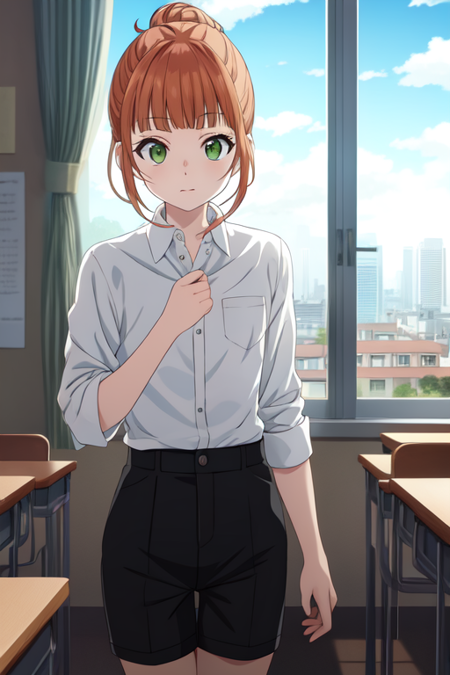 kirishimauta, pov, shorts, portrait, building, cloudy sky, classroom, hair bun, dress shirt, window