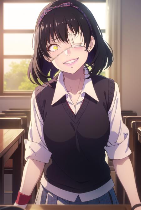 midariikishima, <lora:midari ikishima s2-lora-nochekaiser:1>,
midari ikishima, short hair, black hair, hairband, mole, (eyepatch:1.5), mole under mouth, smile, (yellow eyes:1.2), grin,
BREAK skirt, shirt, school uniform, pleated skirt, bandages, wristband, sweater vest, (red sweater vest:1.3),
BREAK indoors, classroom,
BREAK looking at viewer, (cowboy shot:1.5),
BREAK <lyco:GoodHands-beta2:1>, (masterpiece:1.2), best quality, high resolution, unity 8k wallpaper, (illustration:0.8), (beautiful detailed eyes:1.6), extremely detailed face, perfect lighting, extremely detailed CG, (perfect hands, perfect anatomy),