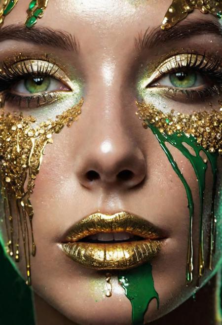 digital painting, closeup macro shot, high contrast, closeup of a woman's face, soft skin, precious, iridescent, heavy makeup, lashes, metallic glitter in green and gold, paint dripping from lips, meticulous detail, dramatic lighting, perfect eyes, natural skin, <lora:add-detail-xl:2>