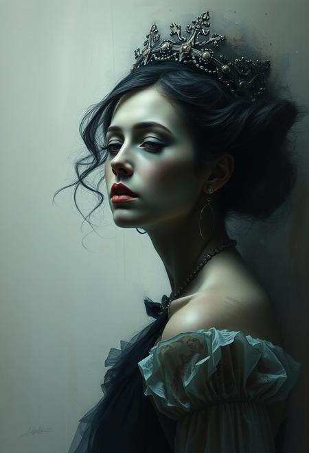 An ethereal regal woman in a dramatic, cinematic realism, expressive abstraction, emotional portraiture, narrative intimacy, romantic melancholy, painterly distortion, textured brushwork, fragmented figures, soft chiaroscuro, vintage fashion, blurred edges, atmospheric mood, contemporary figurative art, subdued color palette, sensual vulnerability, visual storytelling, gestural marks, longing and memory, dreamlike decay, noir elegance