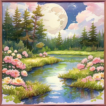 moon, no humans, scenery, tree, outdoors, full moon, traditional media, flower, water, painting (medium), nature, sky, night, cloud, grass, river, forest, watercolor (medium), <lora:ArsMJStylePony_-_Watercolor:0.8>, ArsMJStyle , Watercolor, core_9, score_8_up, score_7_up, score_6_up,