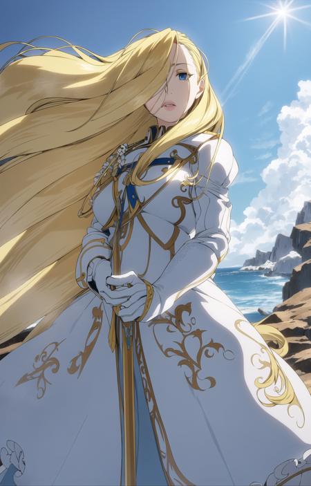 <lora:olivier1:0.9>
 highres, (best quality:1.1),(highly detailed:1.1),
olivier, 1girl, huge breast,thick lips,solo,blond,blue eyes,
hair flowing in the wind. She has piercing blue eyes that seem to glow with an otherworldly light. She is dressed in a flowing white gown that billows around her as if caught in a breeze, and she holds a staff made of polished silver that glimmers in the sunlight. She stands atop a rocky outcropping, her hair and gown whipping around her as she gazes out over a vast and rugged landscape. The sky behind her is filled with roiling clouds and the sound of the wind is almost deafening. Capture the essence of this powerful and mysterious figure