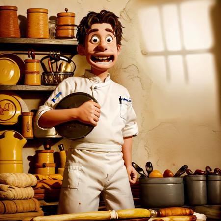 1boy, chef, in the kitchen, happy, wearing a white chef suit, holding a frying pan, aardman style<lora:Aardman Style:0.9>