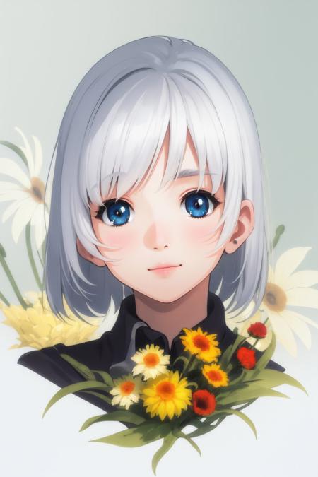 portrait, solo, 1girl, silver hair, blue eyes, frontlighting, Strawflower \(flower\), floral background <lora:Mikimoto_haruhiko_style_v02:1>