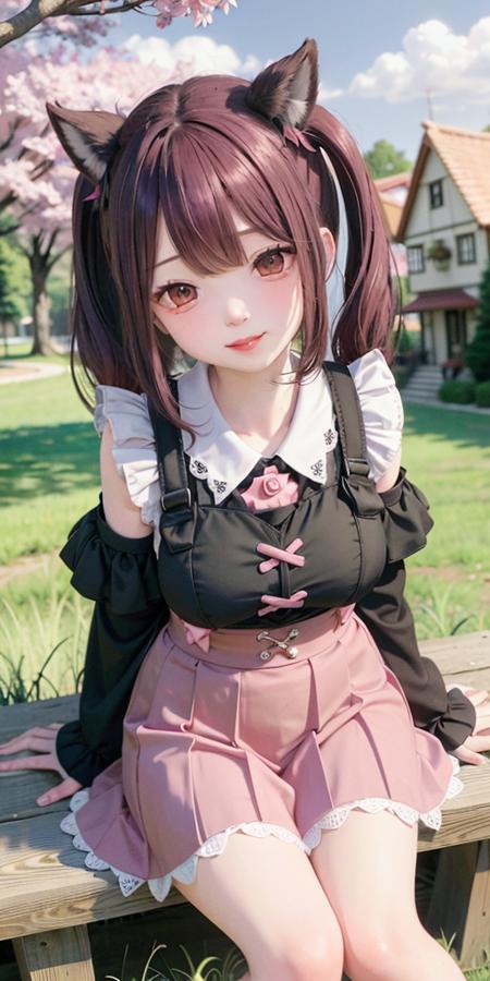 <lora:chilloutmix-Ni:0.6>, <lora:xinbao:0.8>, <lora:LoraLandmineGirlFashion_v20:0.6>,jirai fashion with pink and black,1girl,pink hair, Double tail,smile,bottom up,stick out tongue,black pink dress,pink hair,under the cherry tree,sitting on the grass,person in the center of the screen