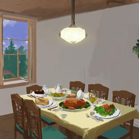 image in imst artstyle of food on a dinner table in a living room