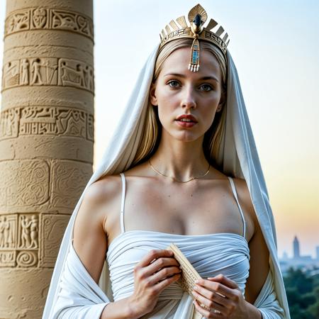 RAW analogue photo of a beautiful 25 years old woman, clear focus, high resolution image,  ,<lora:sdxl_Egyptian_WalkLikeOne:1.0>, A high priestess unveiling a sacred scroll within the Temple of Karnak, papyrus leaves fluttering, her headdress shaped like the vulture crown., Beauty, Realistic, Hot, Realistic_Beauty, <lora:33676b713680aa8fd004ce190681228d:0.8> ,low light, soft natural light, Rembrandt style light, Hasselblad DLSR camera, 200mm Zeiss lens, f/2.8 ,Sexy pose, erotic pose, exhibitionism, ,futuristic city skyline at dawn with skyscrapers against a colorful sky