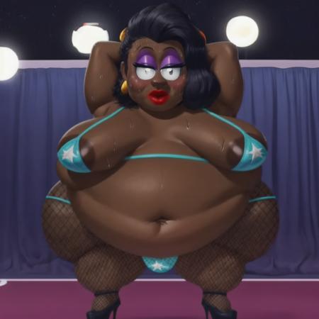 obese, black woman, micro blue bikini, fishnet leggings, black high heels, white gloves, black hair, red lipstick, eyeshadow
