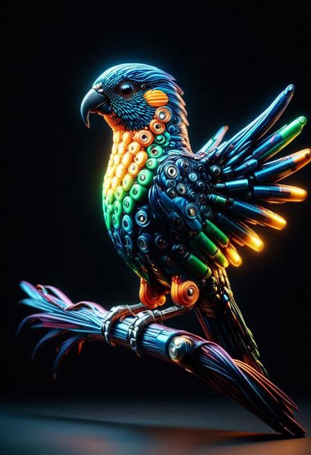 masterpiece, best quality, very aesthetic, absurdres,(score_9, score_8_up, score_7_up), createconcept, addmicrodetails, B4TT3R13S, simple background, a (parrot) made of batteries, glowing eyes, vivid eye color, (beautiful eyes:1.2), (gradient iris, crisp iris edges), confident pose, action dynamic pose, lazypos
