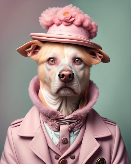 photo portrait,  a dog wearing a pink coat and a pink hat with a flower on it's head and a pink coat with a pink collar , Annabel Kidston, professional photo, a character portrait, kitsch movement, pastel colors