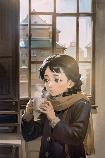 1girl, solo, black hair, braid, indoors, upper body, closed mouth, brown eyes, sweater, scarf, winter fashion, cozy expression, cup of tea, food, window.