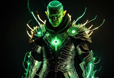 lazypos, neon, wires, made of wires, cables, outlined with wires and neon, neon outlines, wire sculpture, neon wire sculpture, A powerful elven warrior stands tall in a regal, commanding pose. His pale skin glistens with a light green hue under dim, moody lighting. Instead of traditional metal armor, his is made of cables, an amalgam of twitching wires, glowing fiber optics, and sinewy tubes. The cables pulse with unstable energy, shifting and slithering as if alive, wrapping around the his limbs and torso in a protective yet menacing way. Jagged data ports, cybernetic plates, and fractured circuit motifs replace classic armor engravings. Tattered energy-cloaks flow down from his shoulders. In his hand, he wields a blade forged of goblin steel. The earth around him glows with cybernetic blues, His onyx glowing eyes show both ancient, natural instincts and mechanical intelligence. humor, wit, mythology, ancient, merging into future, Masterpiece